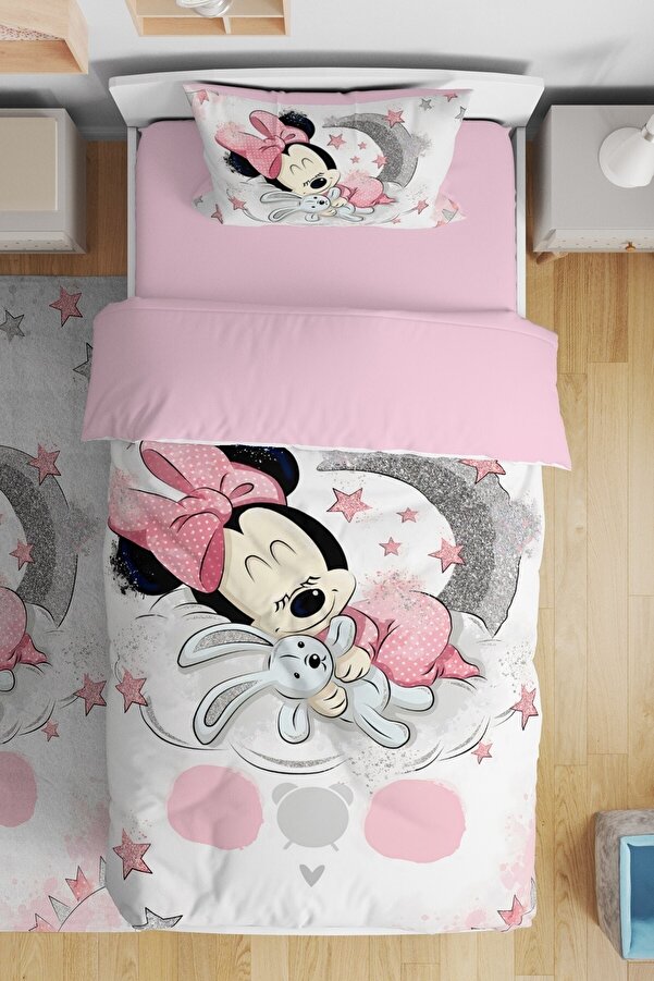 Evpanya Uyuyan Minnie Desenli Tek Kişilik Bebek Çocuk Nevresim Takımı