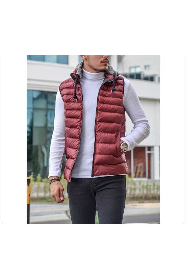 Factor Men s Burgundy Puffer Vest Collar Leather Detailed 91014 Trendyol
