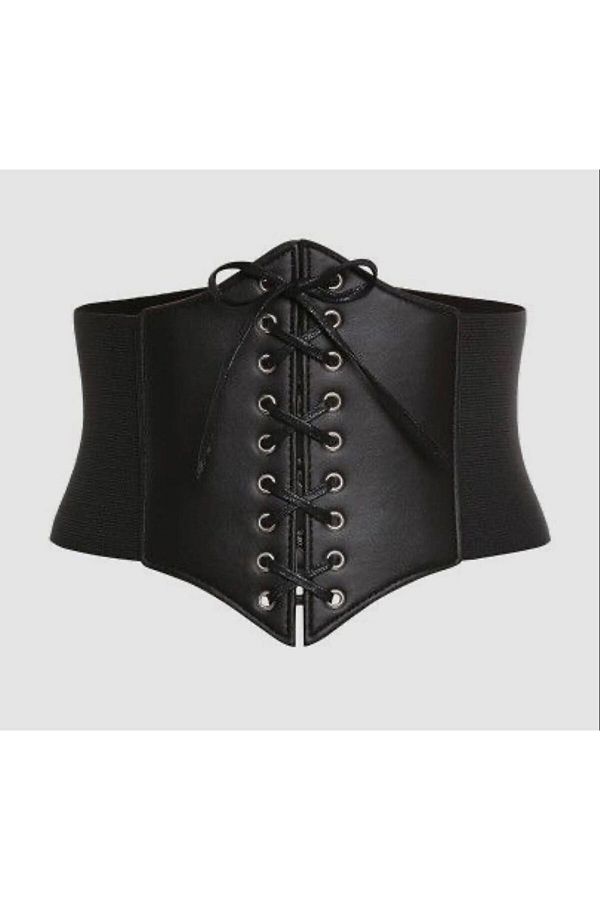 vuvutasarım-Corset lat elastic din cauciuc cu dantelă și detaliu cu ochi Curea neagră lată pentru femei din piele artificială 1482 1