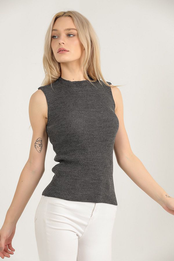 VEGENZE-Women's Anthracite Dark Gray Self-Collared Zero Sleeve Ribbed Stretchy Knitwear Sweater 1