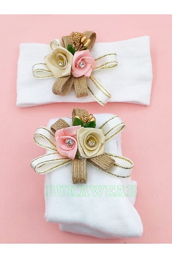 BUKAWEAR Kız Bebek Ekru Külotlu Çorap Ve Bandana Takımı