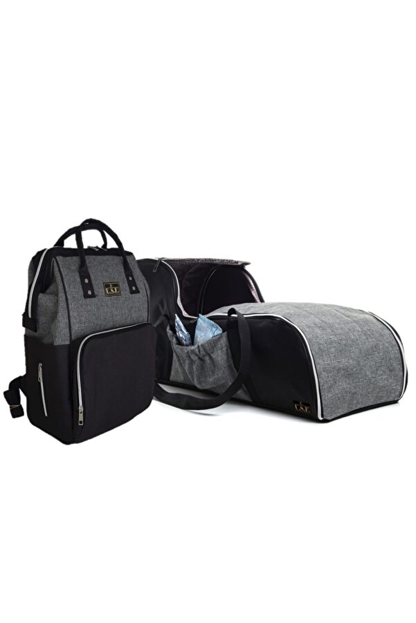 USF Ana Kucağı Puset Bebek Taşıma + Anne Bebek Bakım Çantası - Gri Siyah - Düz Gri Siyah