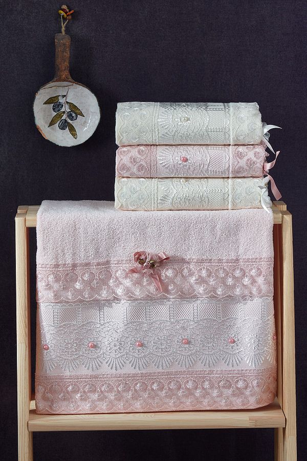 Dalyan Havlu-Jacquard Lace Cube Pattern Dowry Towel 50*85 Cm Set of 4 1