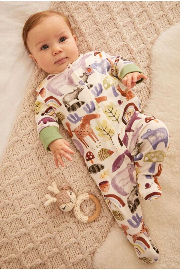 Next Baby 100 Cotton Green Striped Woodland Footed Jumpsuit Trendyol