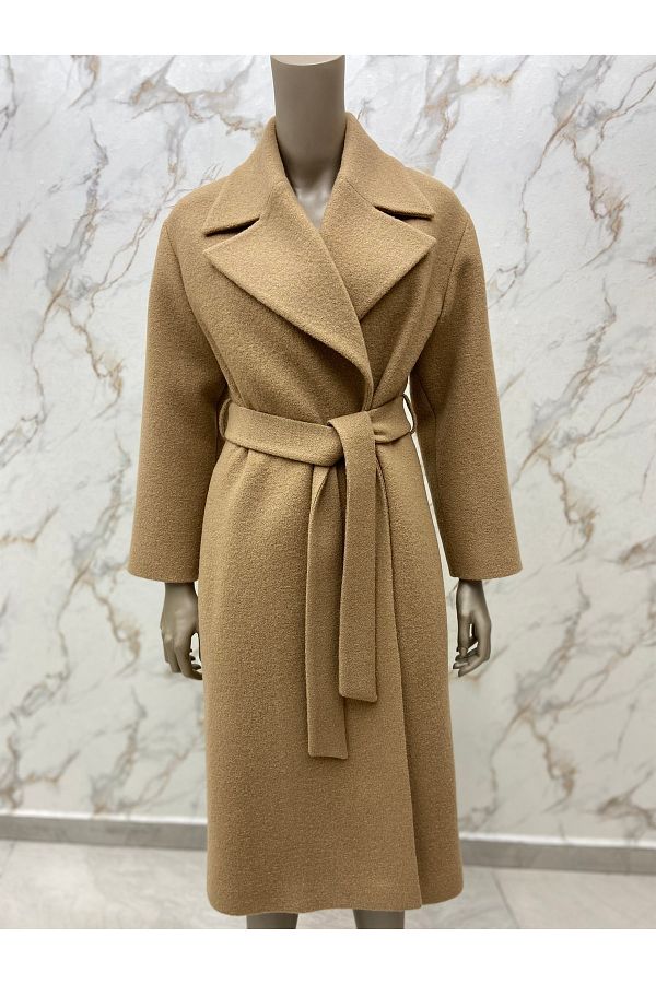 AS GADE Wide Collar Tie Waist Camel Coat pera Trendyol