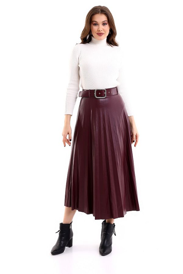 winmoda Pleated Faux Leather Skirt with Belt Model Trendyol