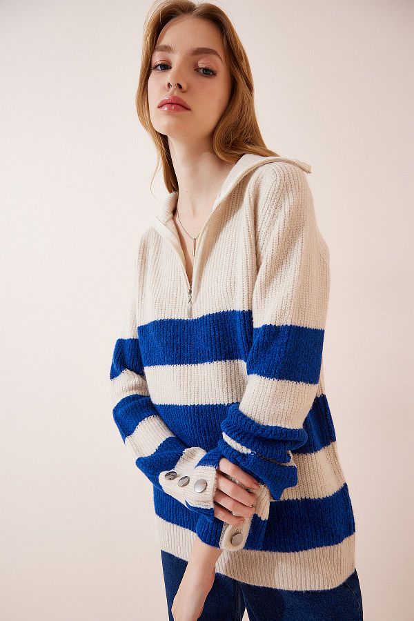 Happiness İstanbul-Cremeblauer Rollkragenpullover mit Streifenmuster und Reißverschluss für Damen LX00042 1