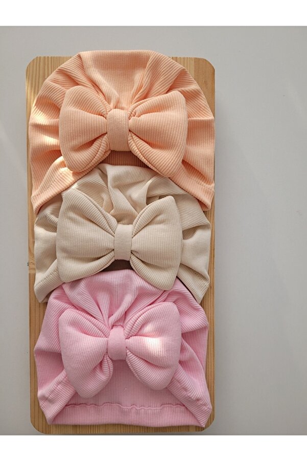 SeherBebeButik Kız Bebek & Çocuk Renkli Fiyonk Bone 3'lü Set