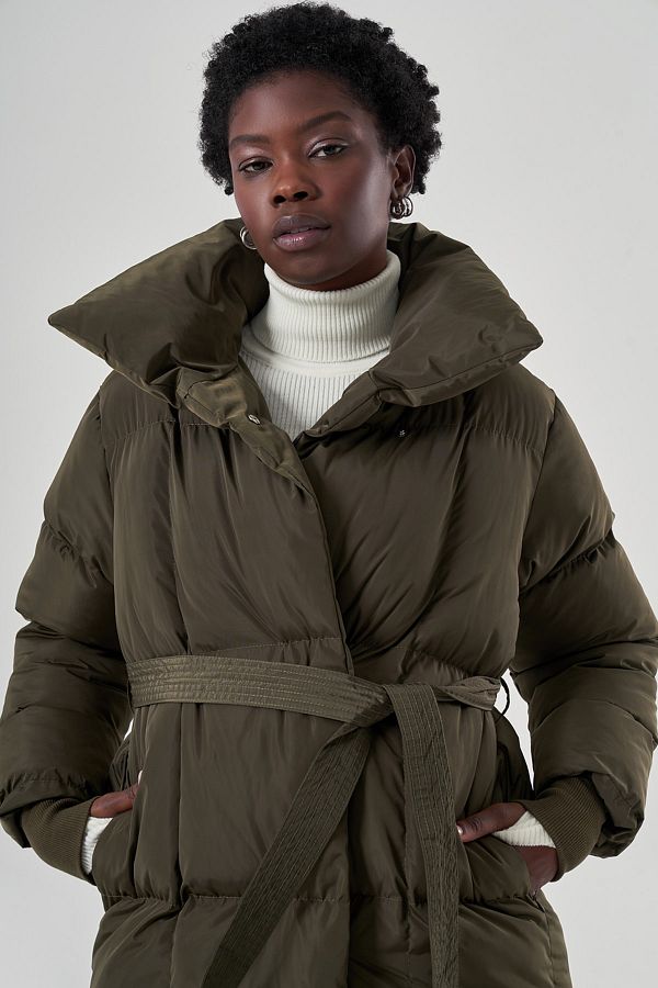 Mizalle Long Belted Khaki Puffer Coat Trendyol