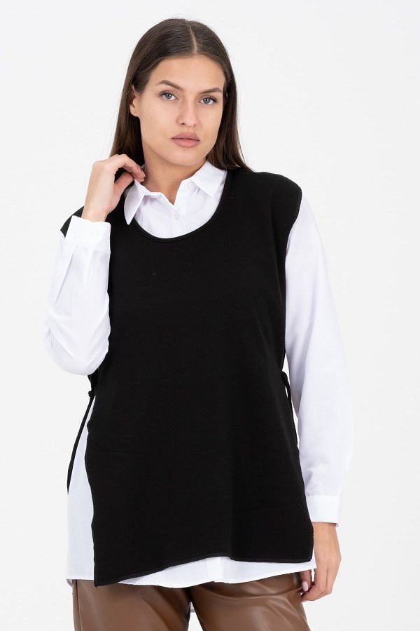 Barkaist Women s Black Side Tie Plain Sweater Basic Shirt Set Trendyol