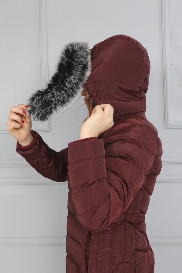 B T Women s Burgundy Colored Removable Hooded and Fur Puffer Coat Trendyol