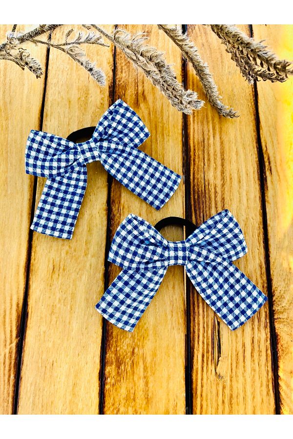 seyranat-Set of 2 Blue Gingham Patterned Elastic Bow Fabric Baby Hair Clips 1
