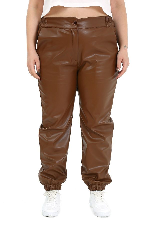 DISENTIS MODEST-Plus Size Brown Leather Trousers with Elastic Waist and Side Pockets and Elastic Legs 1