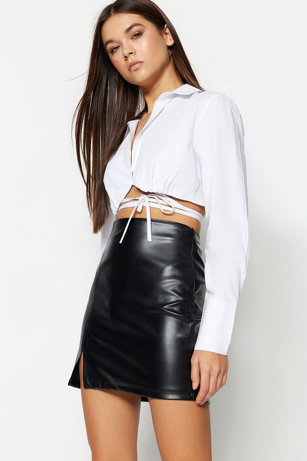 Trendyol Collection Black Slit Detailed Fitted High Waist Faux Leather Mini Skirt TWOSS23ET00118 Trendyol