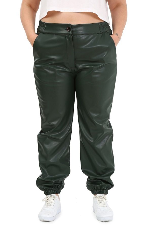 DISENTIS MODEST-Plus Size Khaki Leather Trousers with Elastic Waist and Side Pockets and Elastic Legs 1