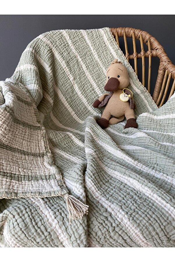 YASEMİNİNEVİ Müslin Çağla Yeşili Çizgili Bebek Yatak Örtüsü