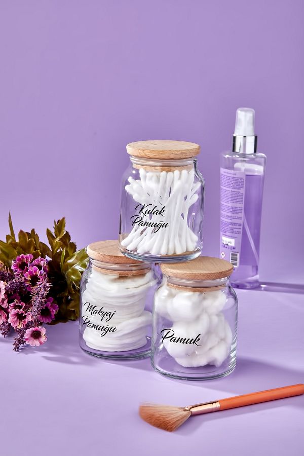 FBZhome-3-Piece Clear Labeled Ear Cotton & Makeup Cotton & Cotton Organizer with Wooden Lid 1