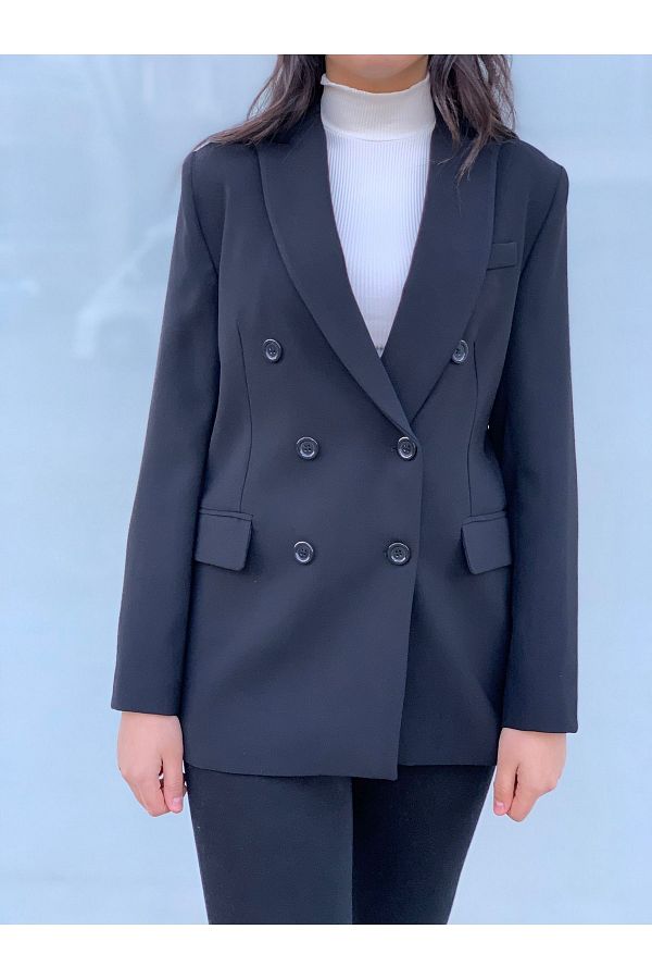 AYHAN-Double Breasted Collar Blazer Jacket with Double Pockets and Buttons 1