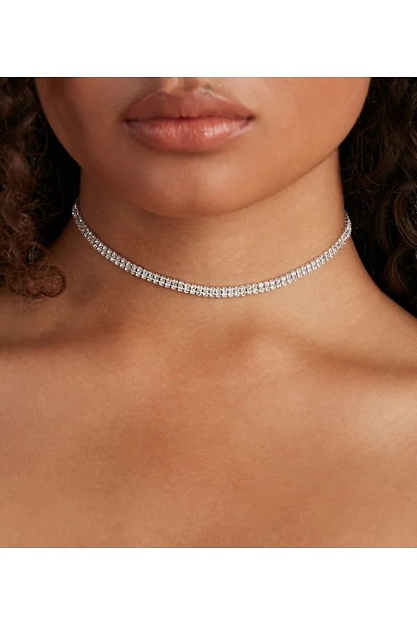 Everglow Jewelry Premium Gray Two Row Crystal Jewelled Choker Rhinestone Necklace