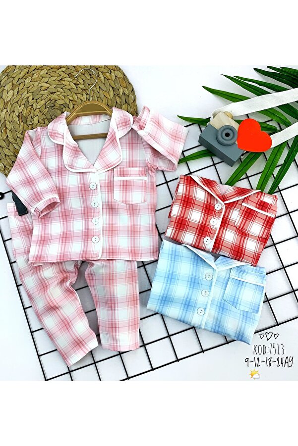 DENİZCİK 9-12-18-24 Ay Düğme Kapamalı Ekose Desenli 2li Kız Erkek Bebek Pijama Takımı