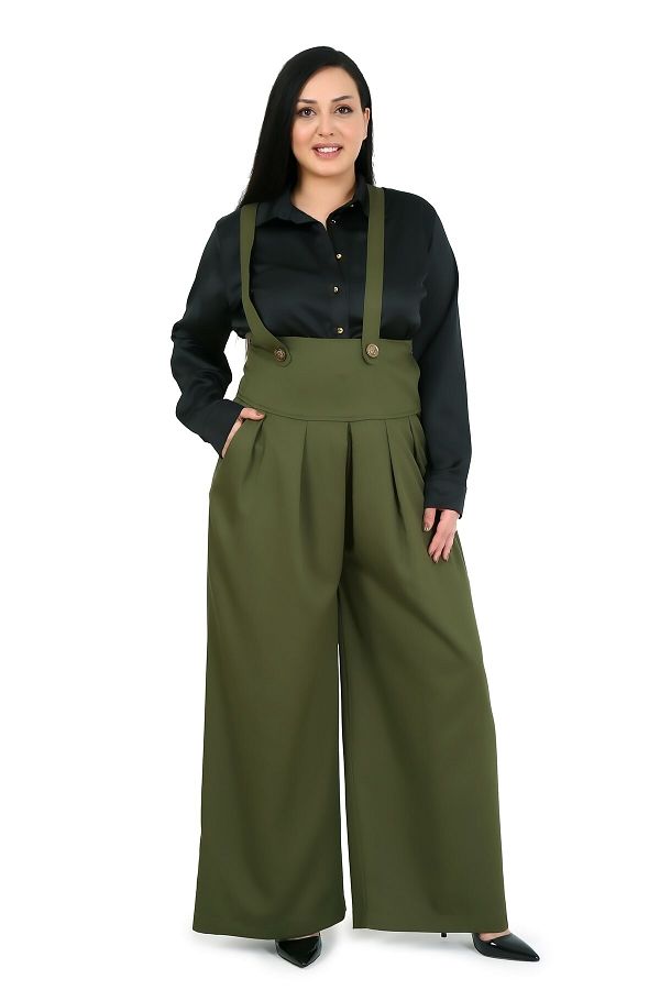 DISENTIS MODEST-Large Size Wide Leg Khaki Trousers with Pleated Front Pockets and Straps and Button Detail 1