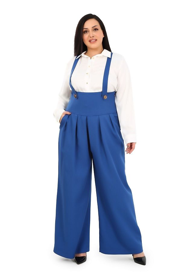 DISENTIS MODEST-Large Size Wide Leg Indigo Trousers with Pleated Front Pockets and Straps and Button Detail 1