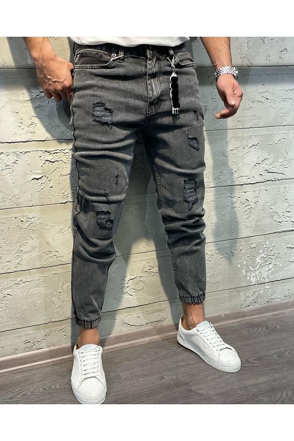 Oliggopol-Ανδρικό πέτρινο γκρι ελαστικό πόδι Lycra Boyfriend Jogger Jeans 1