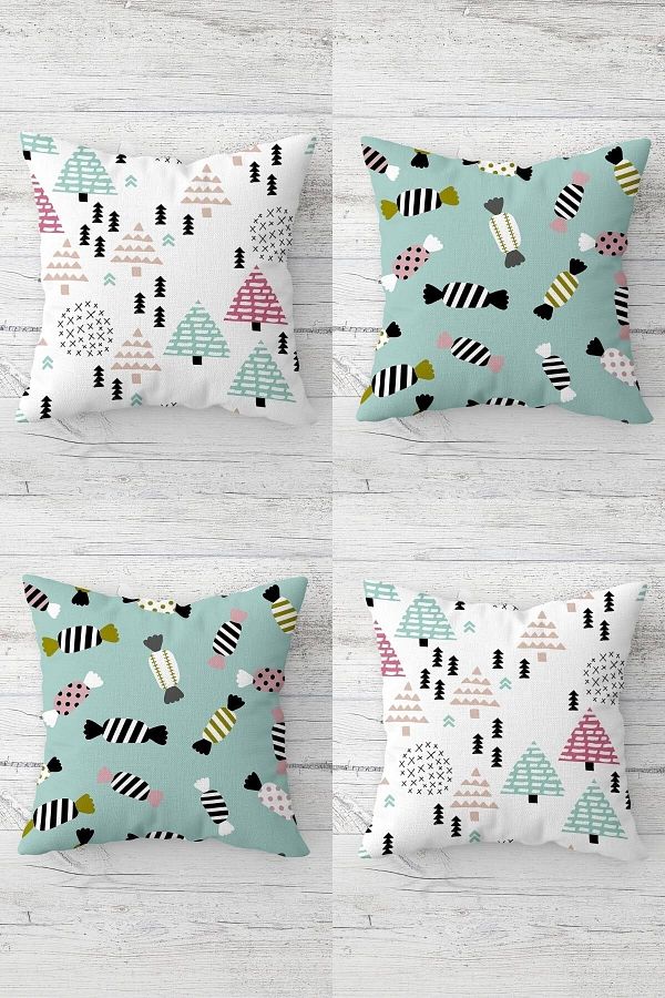 on the clouds-Pine Tree and Candy Patterned Concealed Zippered Throw Pillow Cover Sofa Pillow Cover Set (4 Pieces) 1