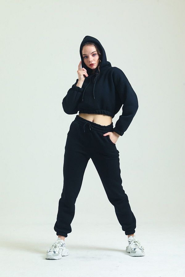 Babelook Women s Black Fleece Hooded Crop Sweatshirt and Jogger Double Tracksuit Set Trendyol