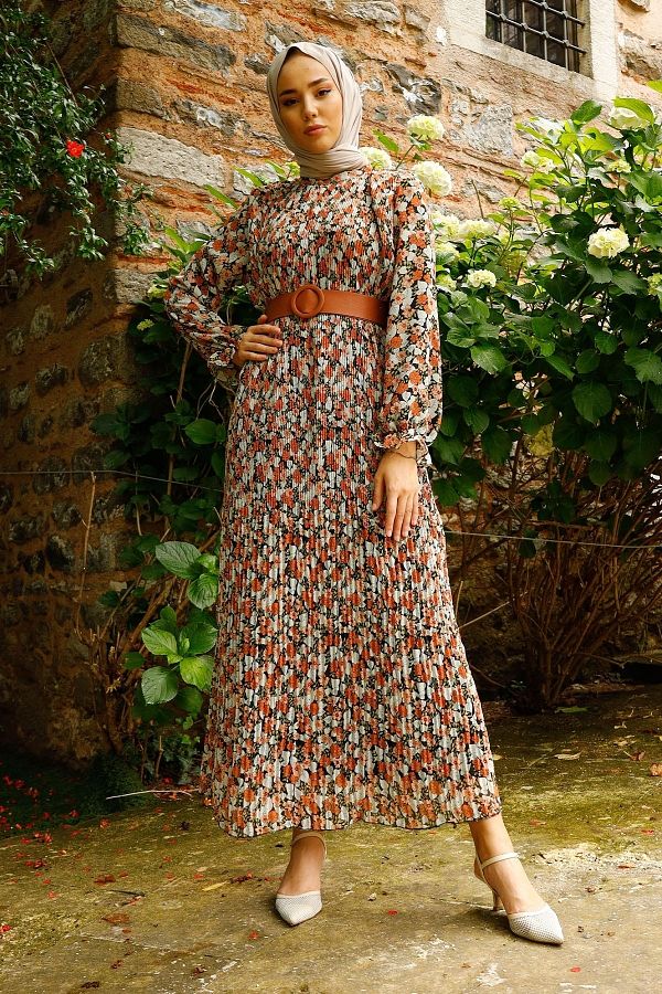 InStyle Floral Pleated 2018 Chiffon Hijab Dress Black Trendyol