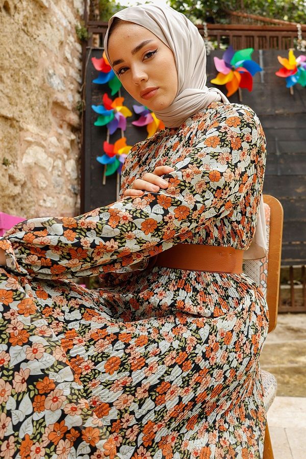 InStyle Floral Pleated 2018 Chiffon Hijab Dress Black Trendyol