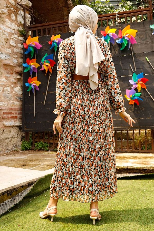 InStyle Floral Pleated 2018 Chiffon Hijab Dress Black Trendyol