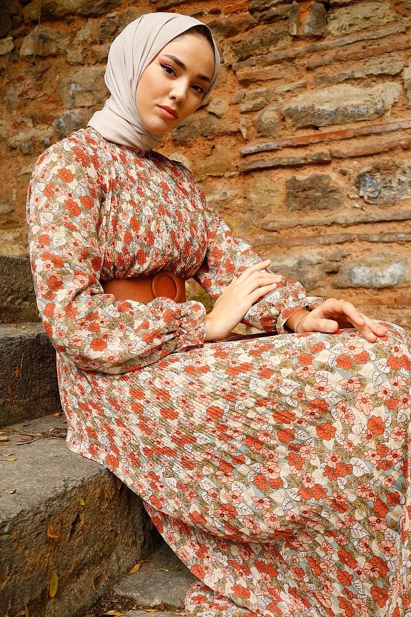 InStyle Floral Pleated 2018 Chiffon Hijab Dress Khaki Trendyol