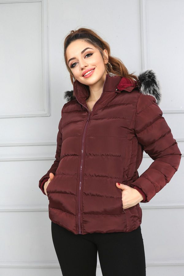 Burgundy puffer jacket with fur hood sales
