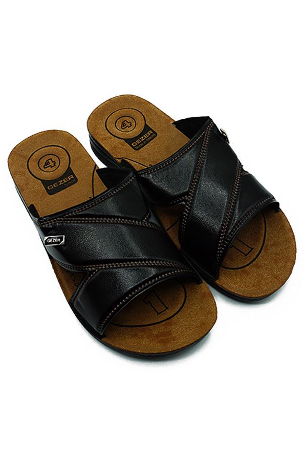 GEZER-Ανδρικά καλοκαιρινά δερμάτινα λουκ 4 Point Orthopedic Luxury Slippers Street-Indoor Black 12060 1