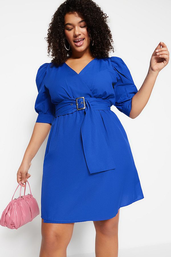 Trendyol Curve-Rochie cu guler dublu țesut cu brâu albastru TBBSS22EL1669 1