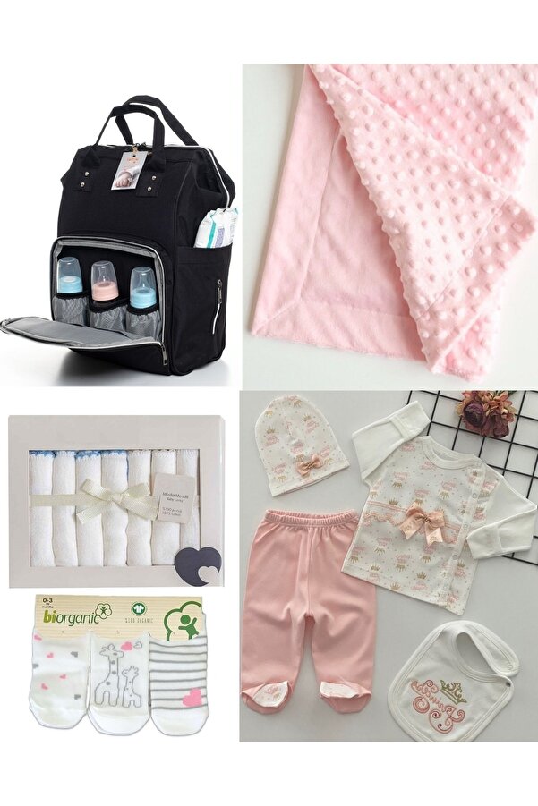 Sahra 5 Parça Sevimli Hayvanlar Bebek Çantası Ve Doğum Seti (çanta,hastane Çıkış,battaniye,mendil,çorap)