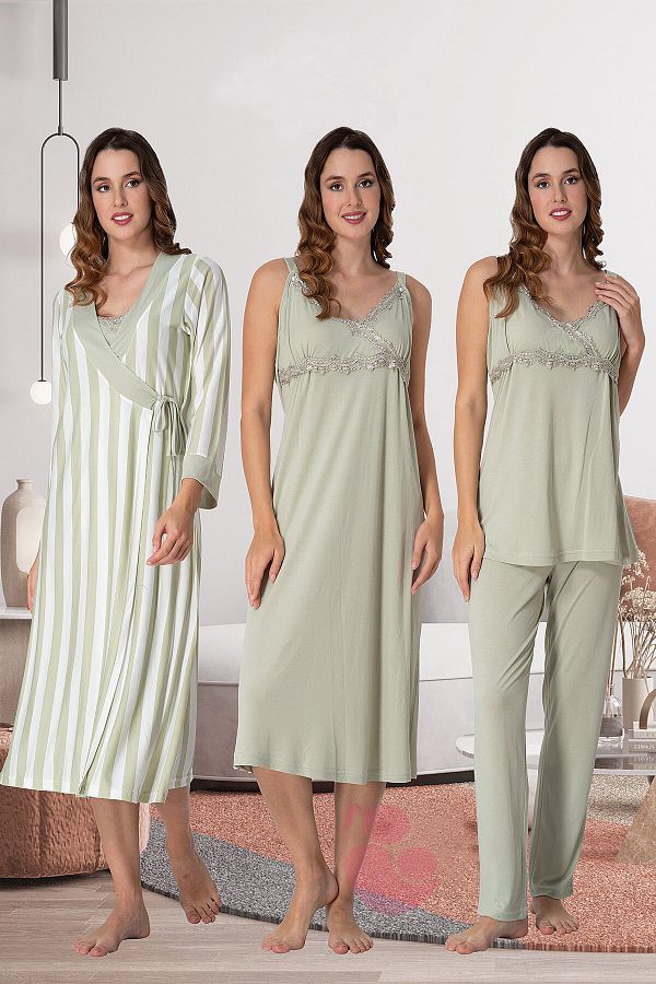 lohusahamile-Effortt 9036 Green Striped Maternity Set of 4 with Dressing Gowns 1