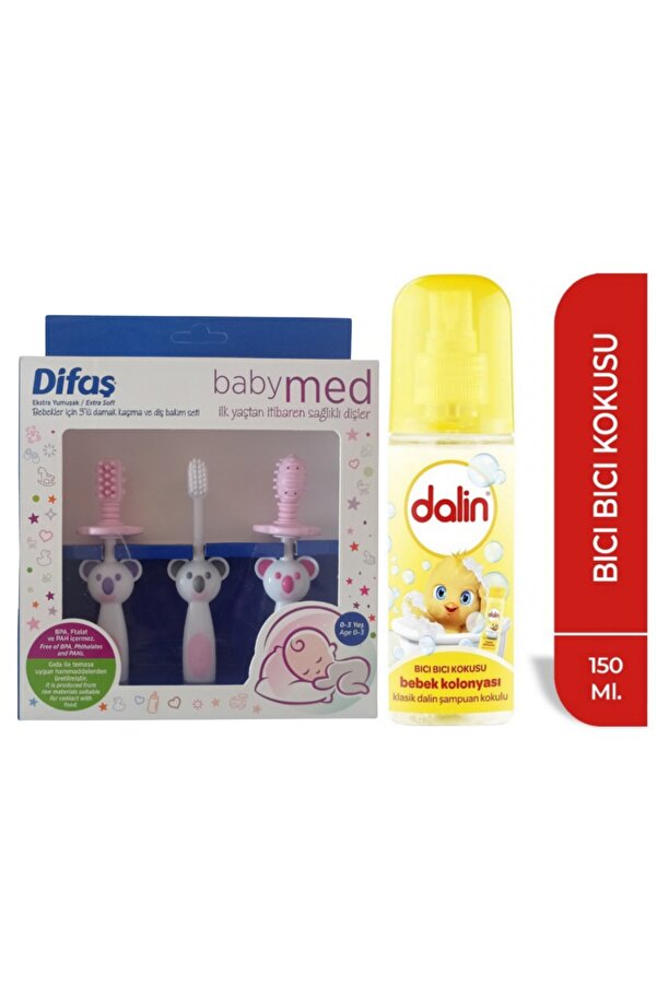 Difaş Bebekler Için 3'lü Damak Kaşıma Ve Diş Bakım Seti Pembe + Dalin Bebek Kolonyası Bıcı Bıcı Koku