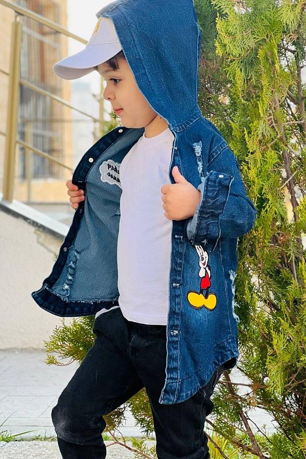 Riccotarz Girls Boys Mickey Printed Front Ripped Detailed Hooded Blue Denim Jacket 2 10 years old Trendyol