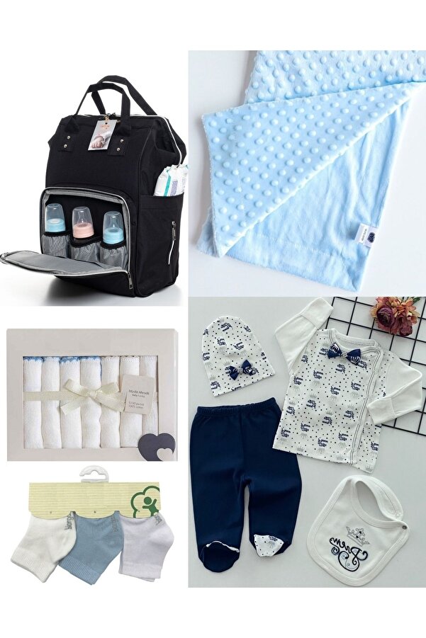 Sahra 5 Parça Sevimli Hayvanlar Bebek Çantası Ve Doğum Seti (çanta,hastane Çıkış,battaniye,mendil,çorap)