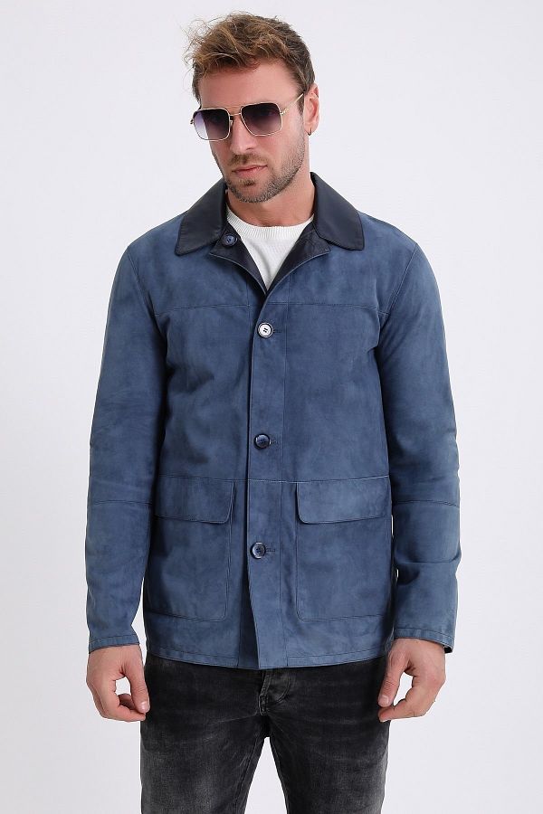 Leather Club Blue Double Sided Suede Leather Jacket Trendyol