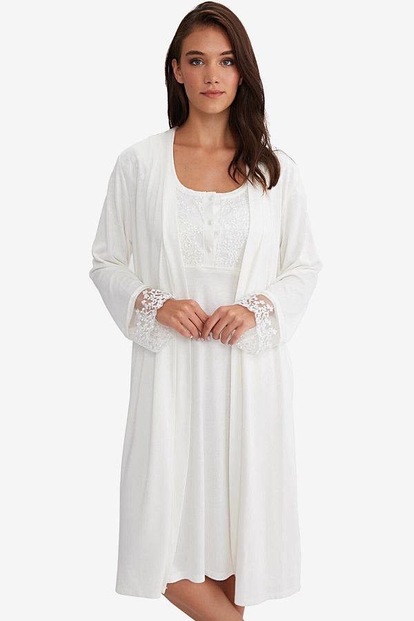 AYYILDIZ-3910 Ecru Maternity Nightgown Dressing Gown Set 1