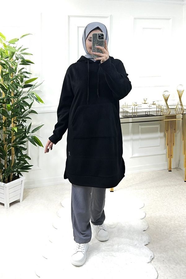 A k Endam Plus Size Jade Thick Fleece Hooded Tunic Black Trendyol