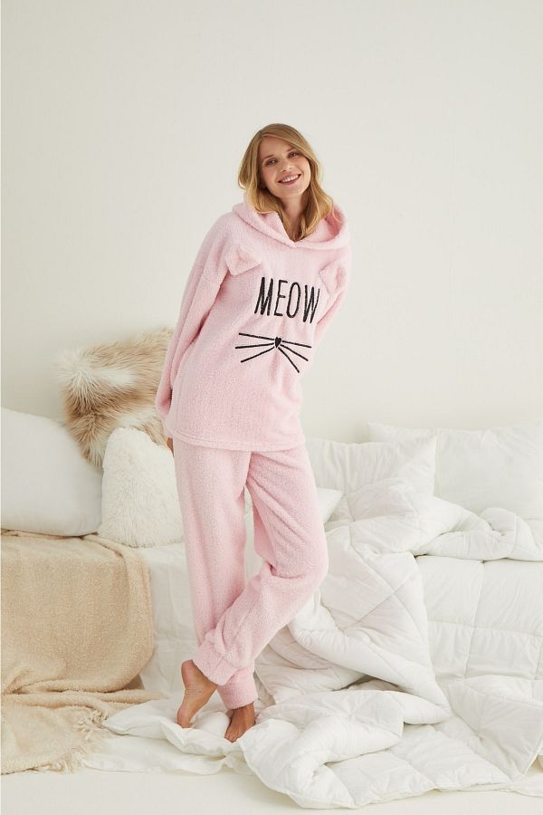 Meba Welsoft Meow Embroidered Hooded Dust Pink Fleece Pajama Set New Year s Eve Gift 4130 4 Trendyol