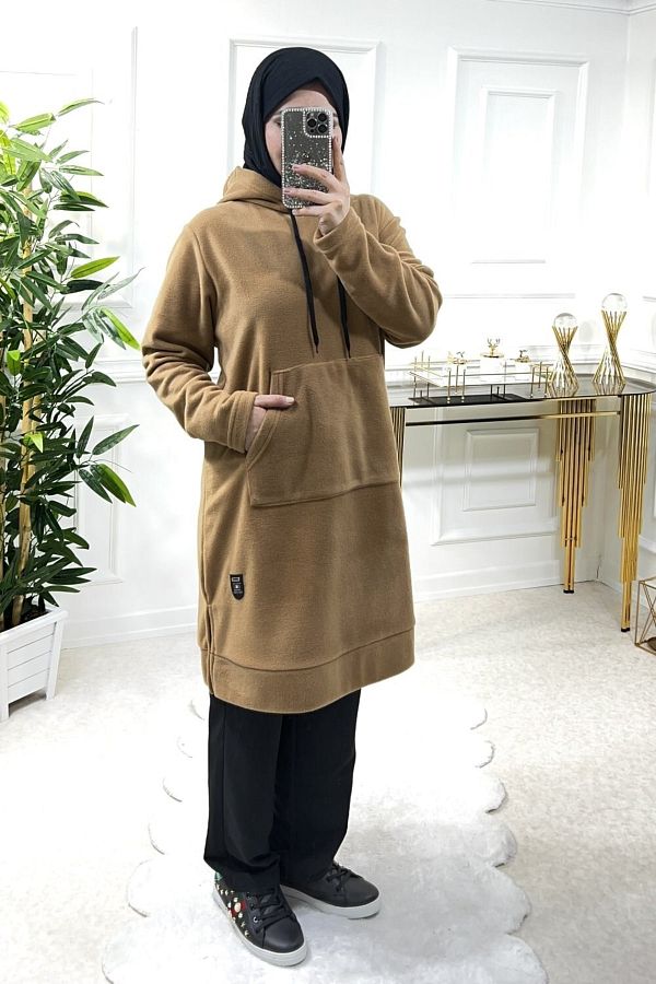 A k Endam Plus Size Jade Thick Fleece Hooded Tunic Camel Hair Trendyol