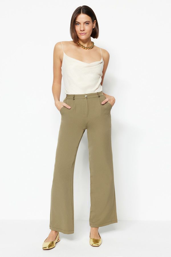 Trendyol Collection Green Straight Cut High Waist Ribbed Stitched Woven  Trousers TWOSS21PL0093 - Trendyol