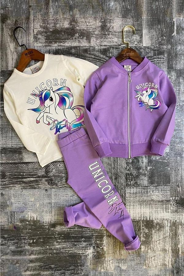 Riccotarz Girl s Unicorn Printed 3 Piece Purple Tights Set Trendyol