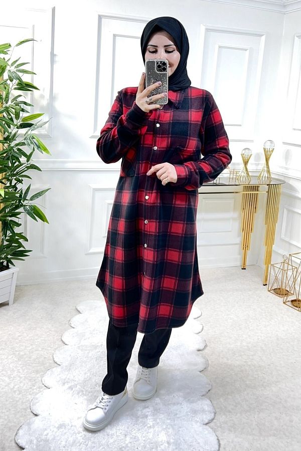 A k Endam Large Size Ay il Oversize Thick Fleece Shirt Red Checkerboard Trendyol