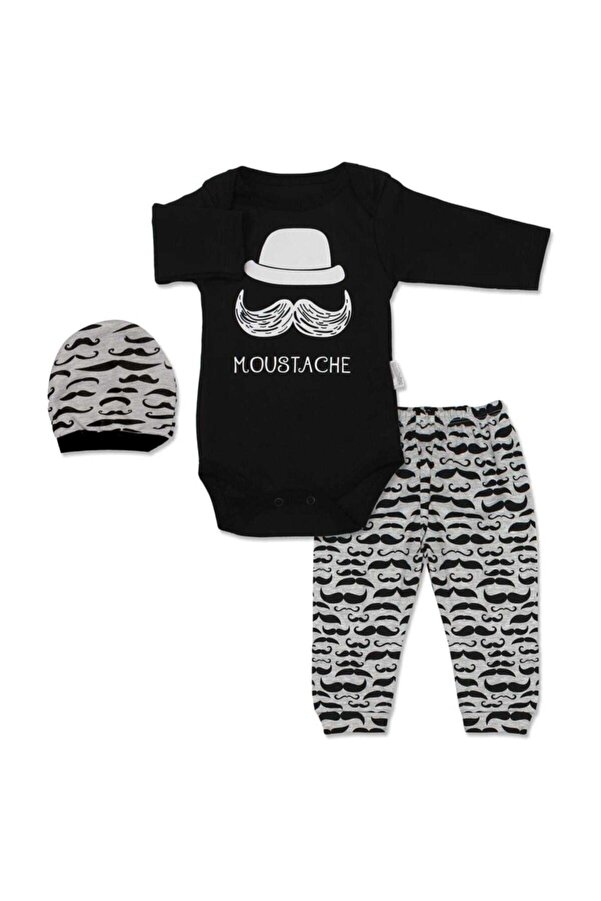 Mini Bird Bıyıklı Erkek Bebek Body Zıbın Takımı 3'lü Set Siyah